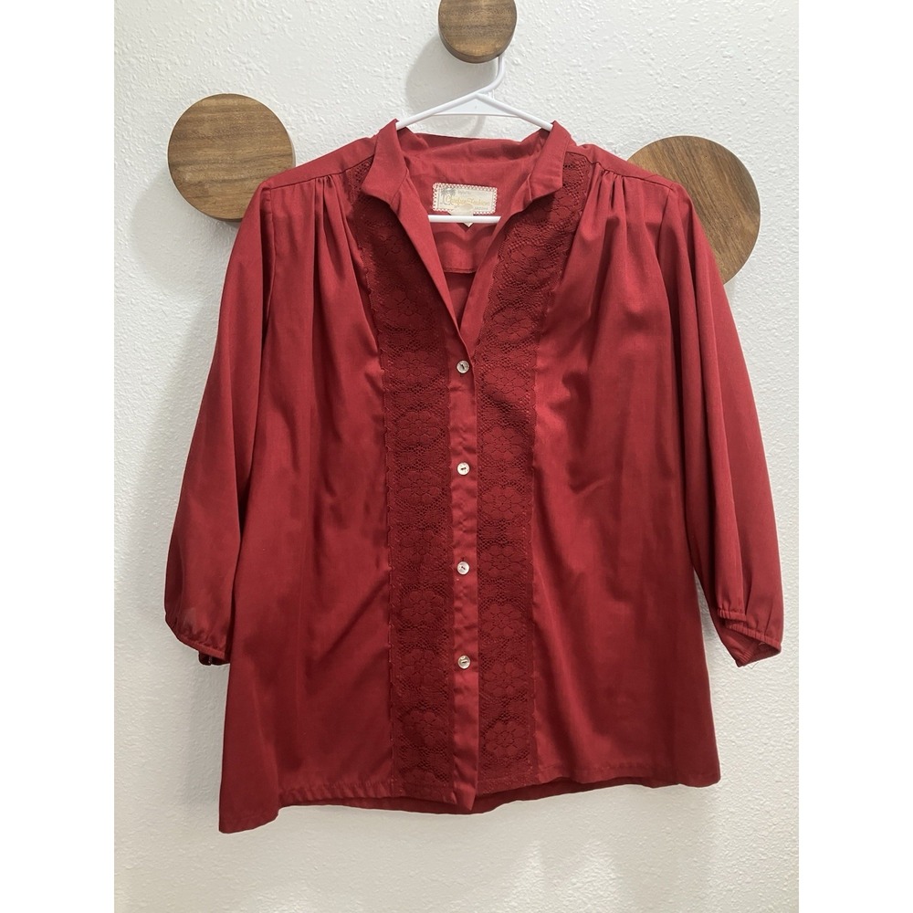 Carefree Fashions 3/4 Sleeve Red Floral Lace Eyelet‎ Cottage Romantic Boho L